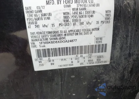 2013 Ford Explorer Xlt из США, поврежденный, VIN 1FM5K8D8XDGA24877